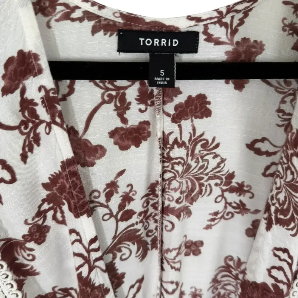 Torrid Lace Trim Tie Waist Kimono Brown White Floral 5X‎ Spring Summer Boho
